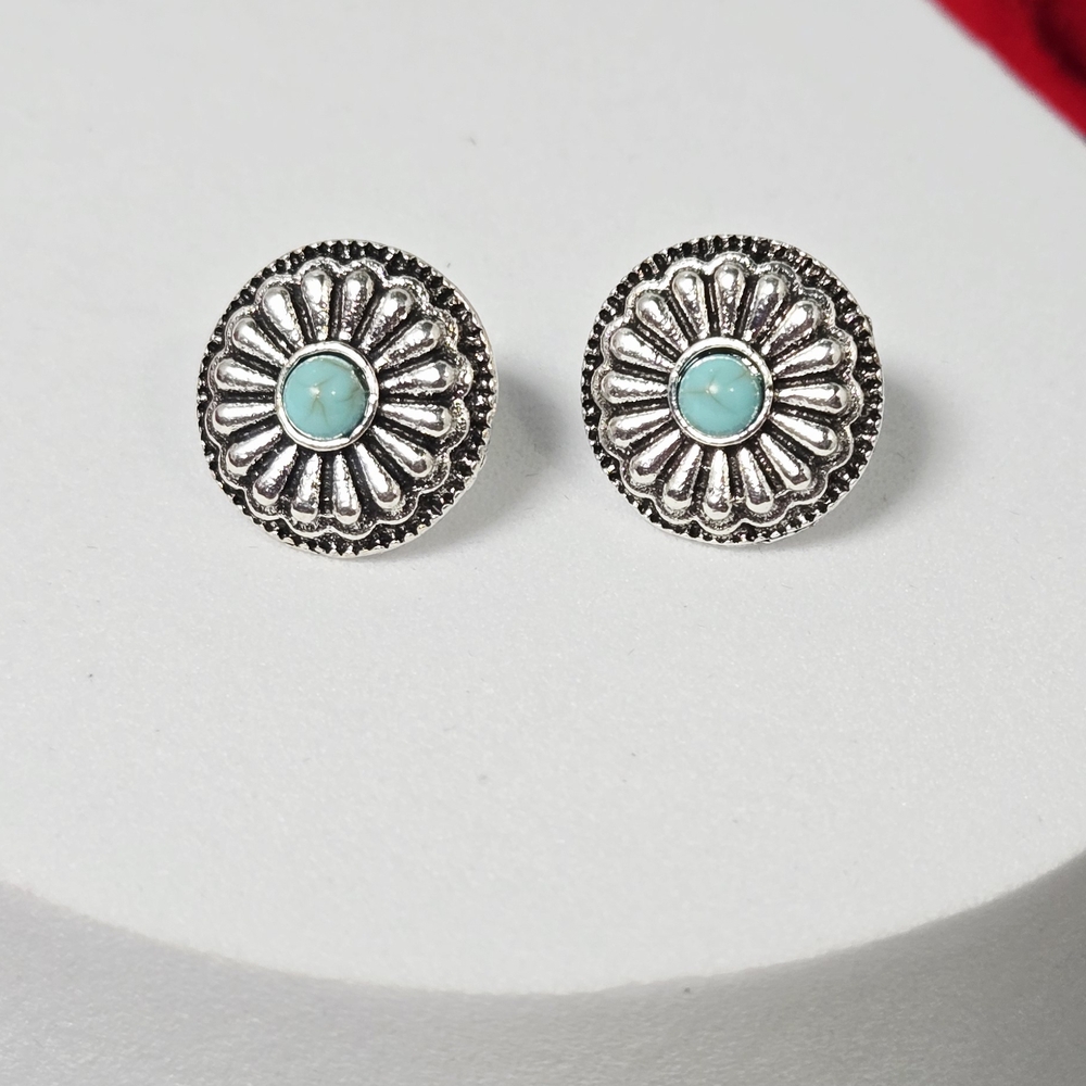 Silver Flower Concho Earrings Turquoise Center Western Stud Rodeo Chic Cowgirl
